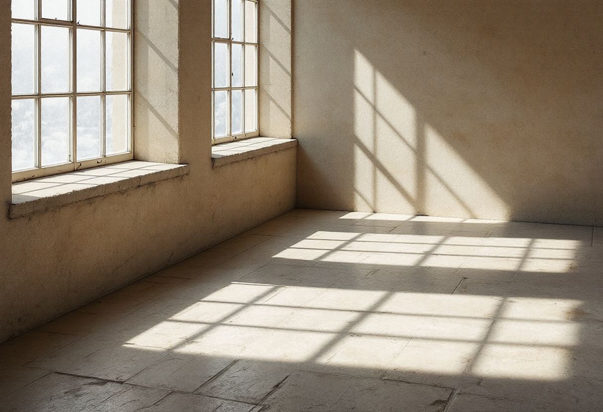 Shadow of glazing bars falling in a precise grid across worn stone