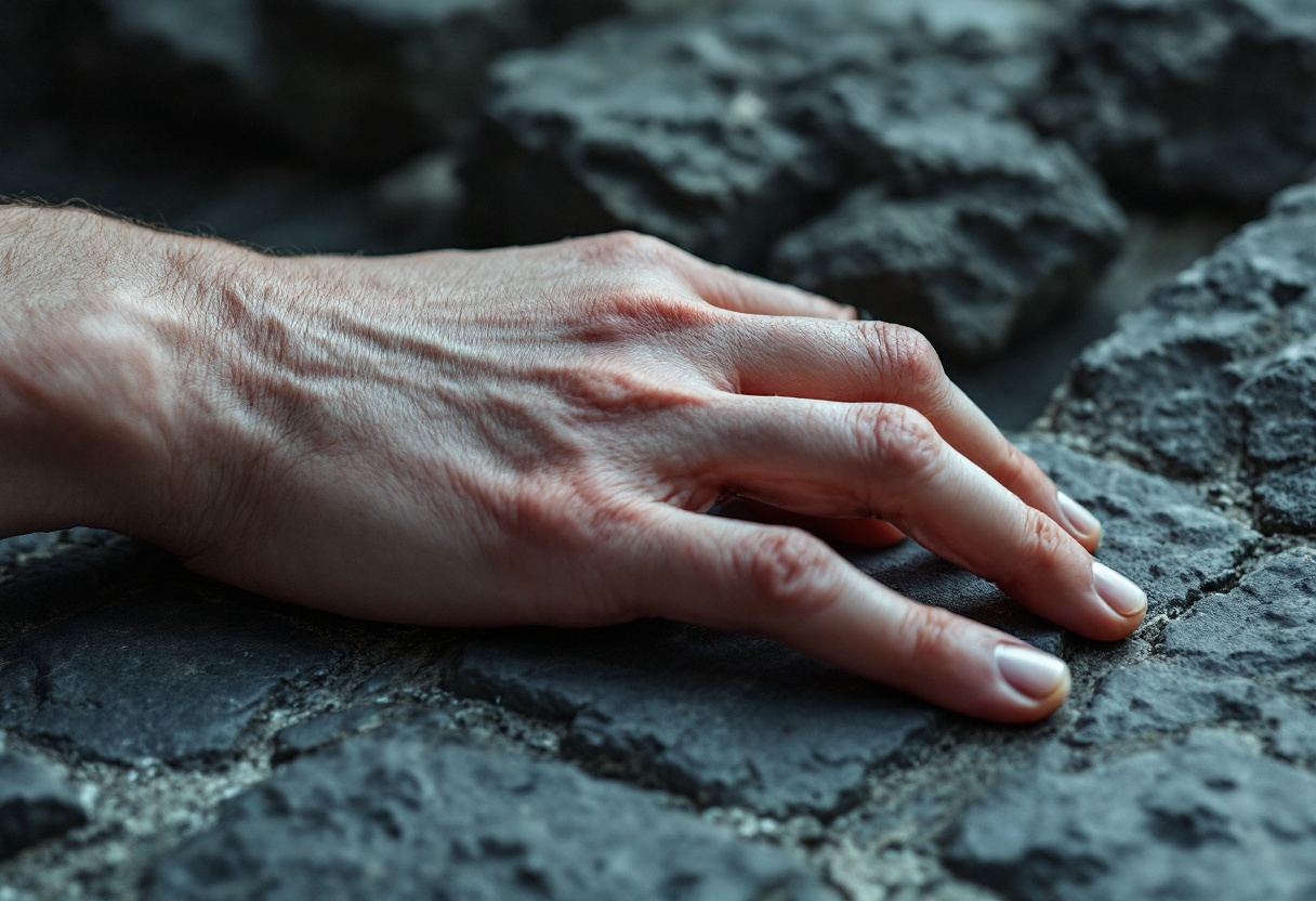 Extreme close crop of the back of a hand resting on cool grey stone