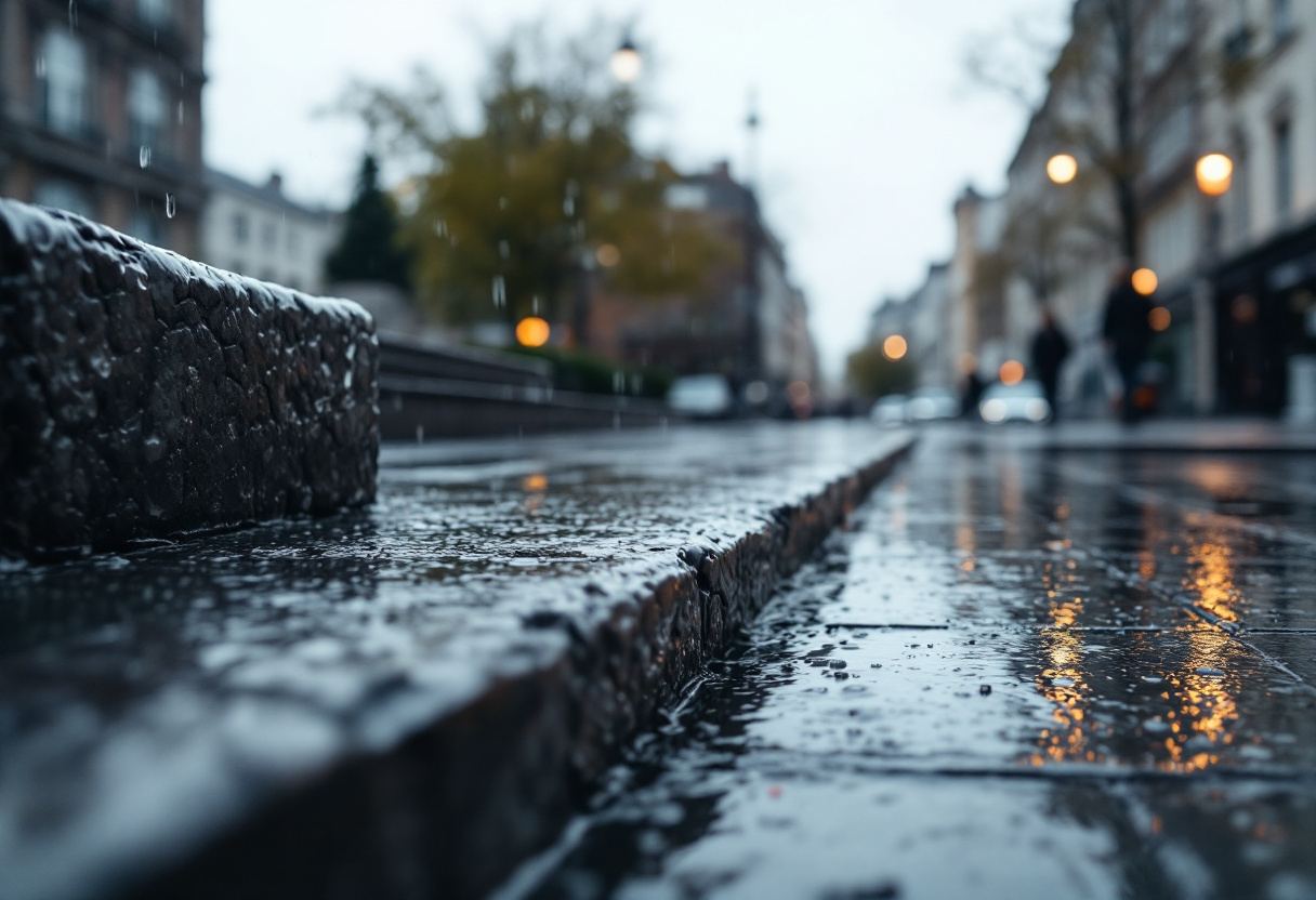 Rain falling on wet granite setts, reflecting a pale grey sky